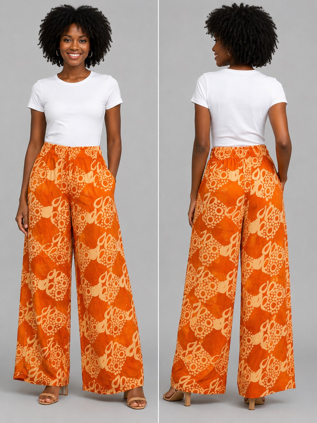 Orange & Cream Wide-Leg Palazzo Pants - Handcrafted African Wax Print