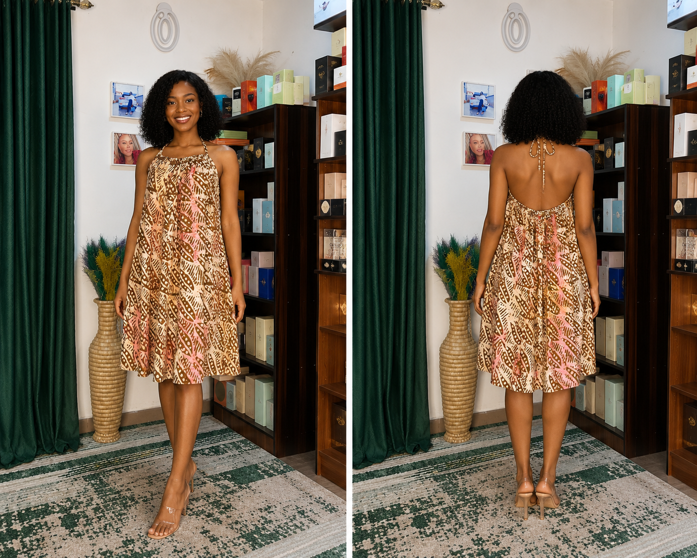 Mocha & Blush Halter Swing Dress – African abstract-inspired print