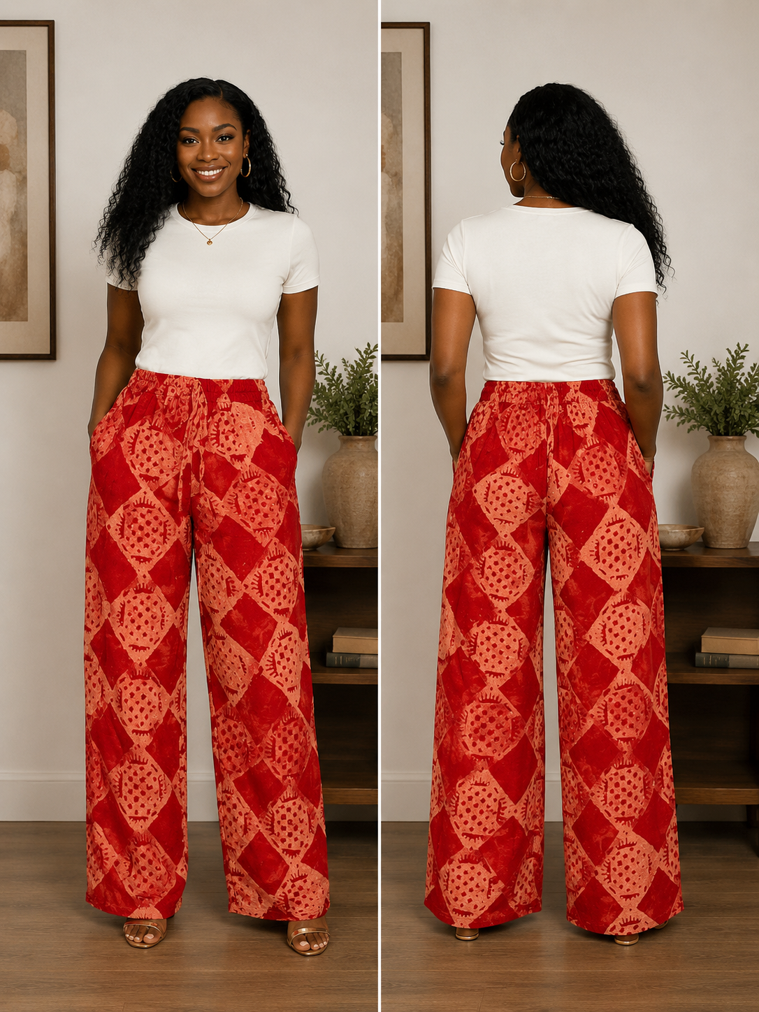 Ruby Red & Peach Wide-Leg Pants – African-inspired Prints