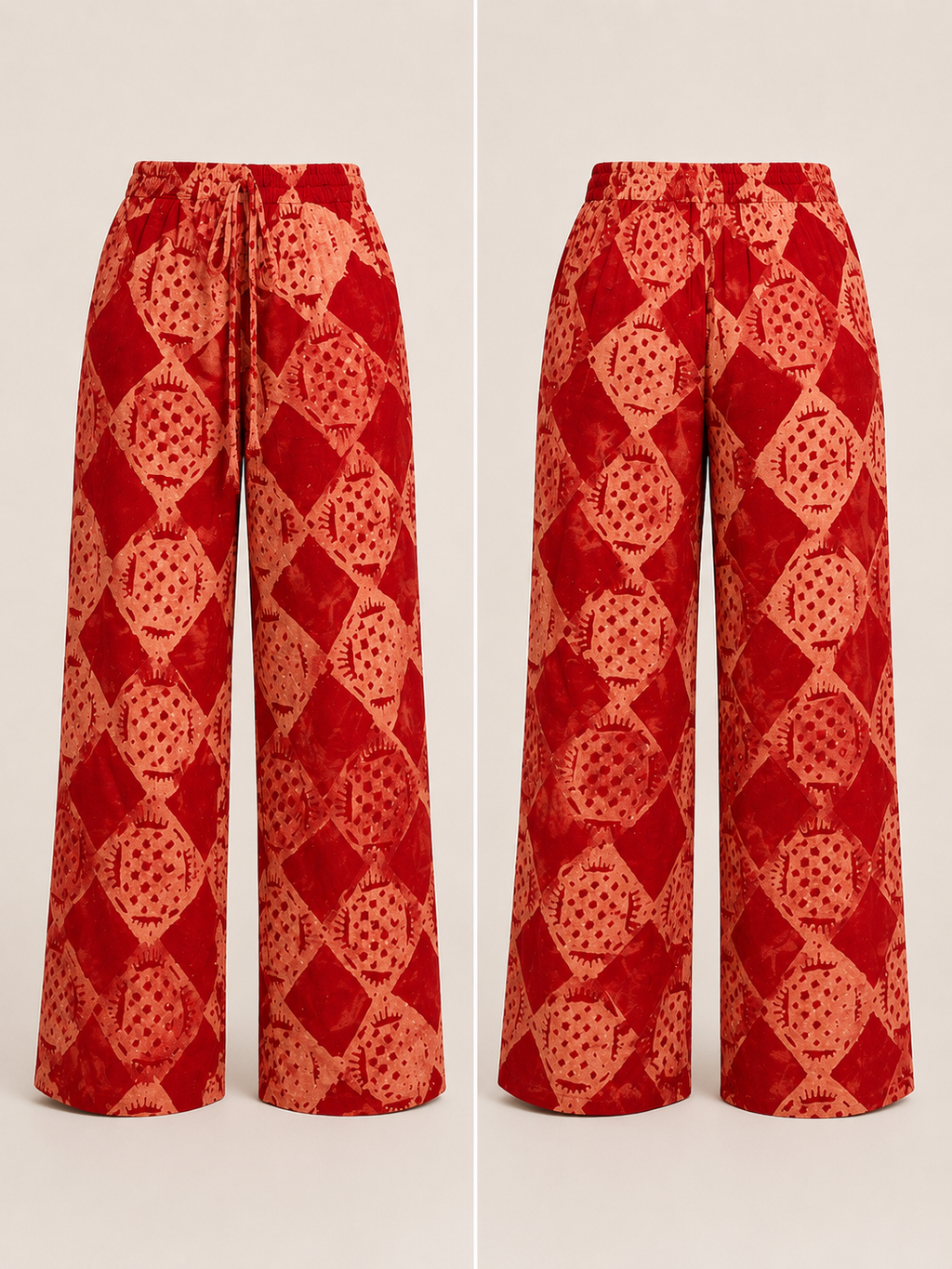 Ruby Red & Peach Wide-Leg Pants – African-inspired Prints