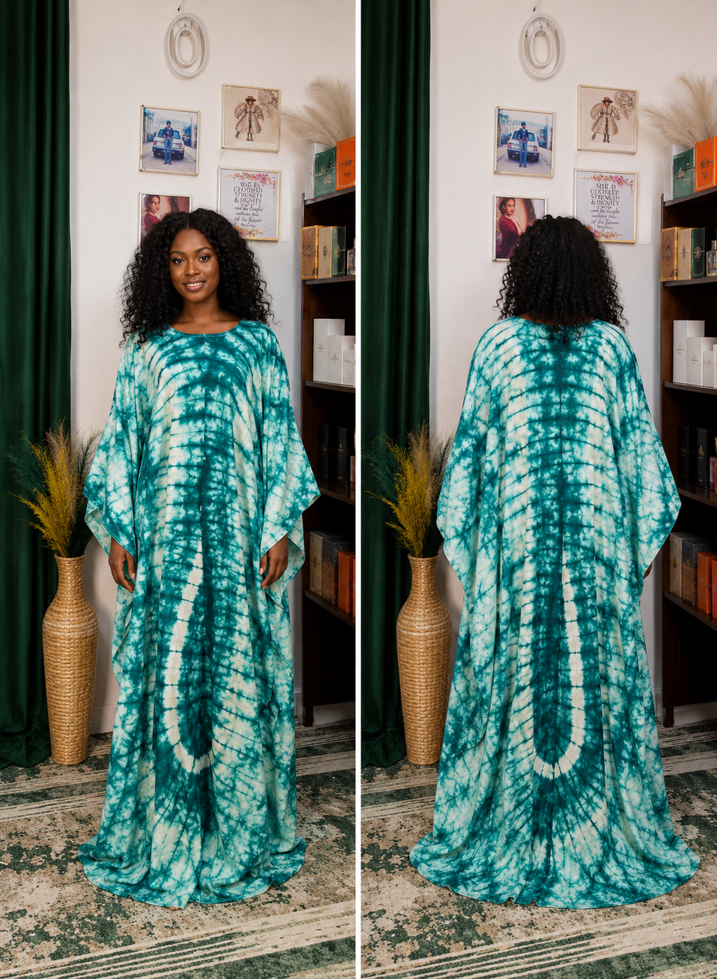 Turquoise & Emerald Flowing Bubu Gown – African tie-dye inspired print