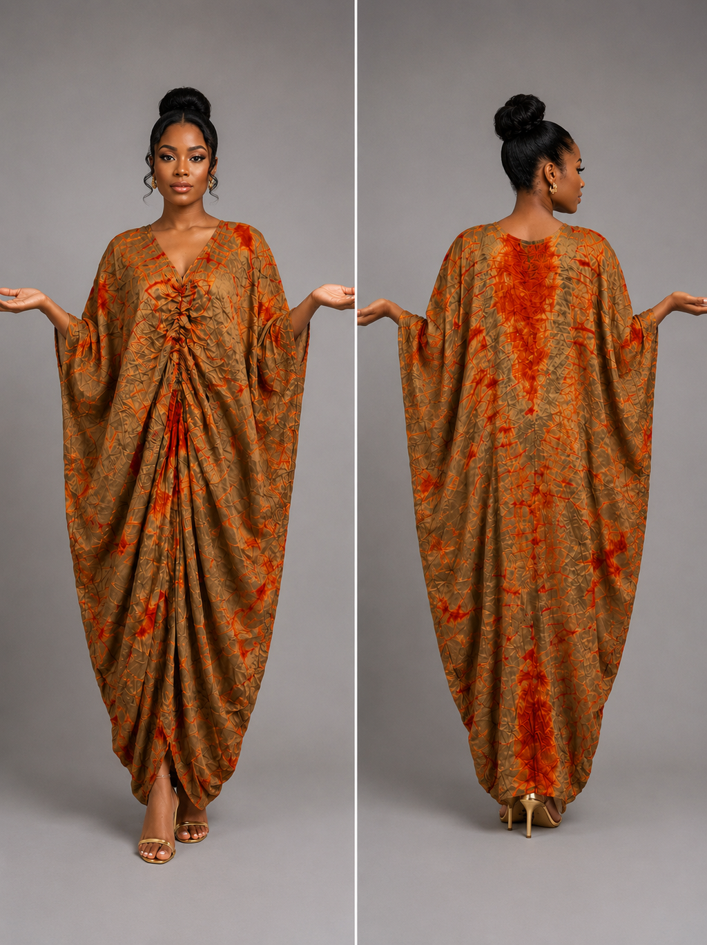 Olive Brown & Burnt Orange Draped Bubu Gown – African abstract print
