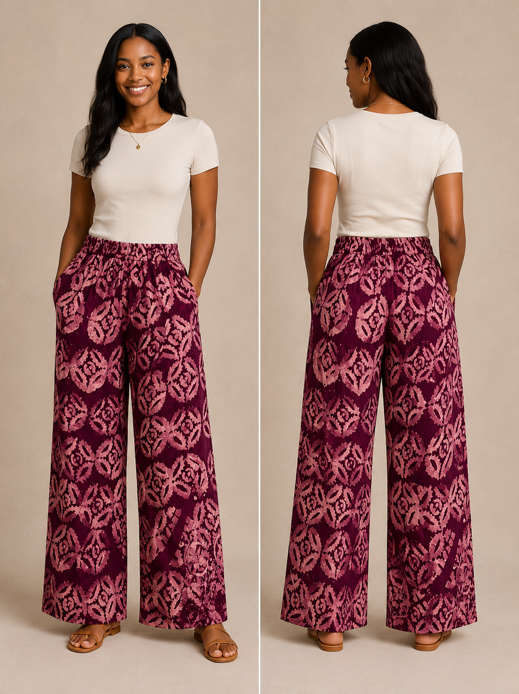 Plum Purple & Dusty Rose Wide-Leg Pants – African-inspired print
