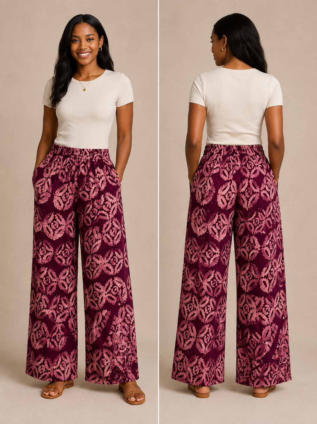 Plum Purple & Dusty Rose Wide-Leg Pants – African-inspired print