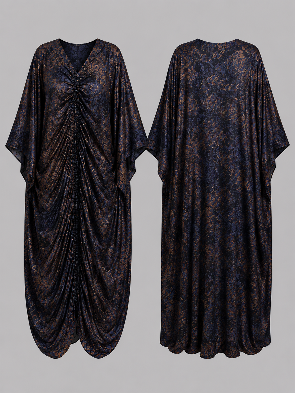 Midnight Navy & Bronze Draped Bubu Gown – African-inspired print