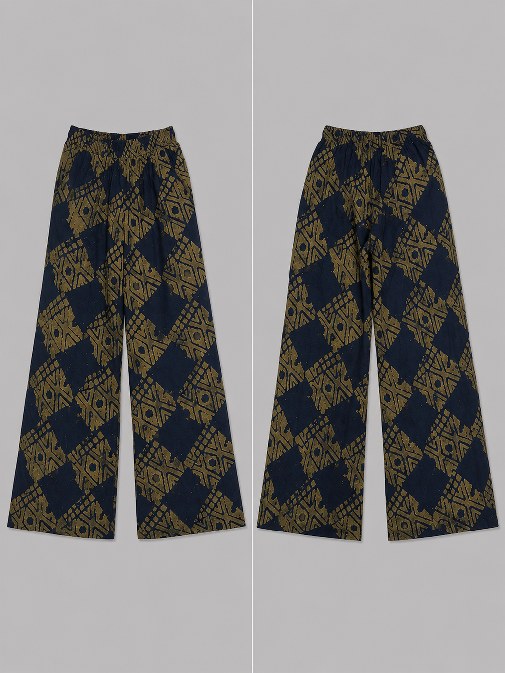 Navy & Olive Wide-Leg Palazzo Pants - Handcrafted African Wax Print