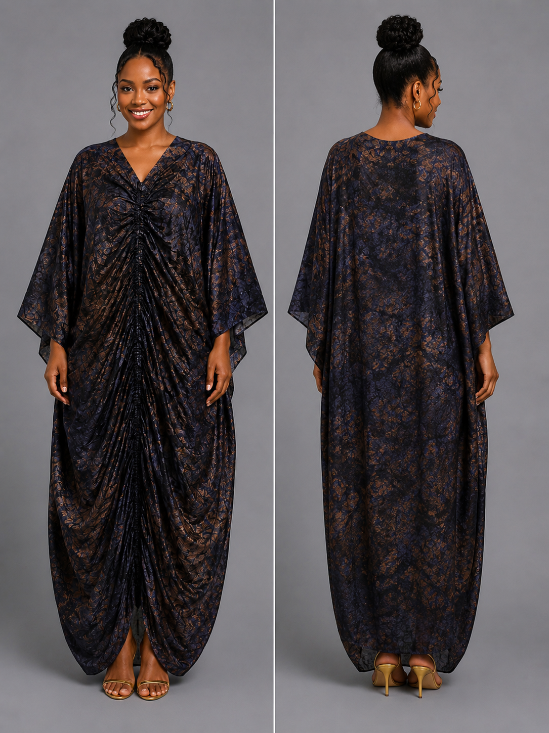 Midnight Navy & Bronze Draped Bubu Gown – African-inspired print