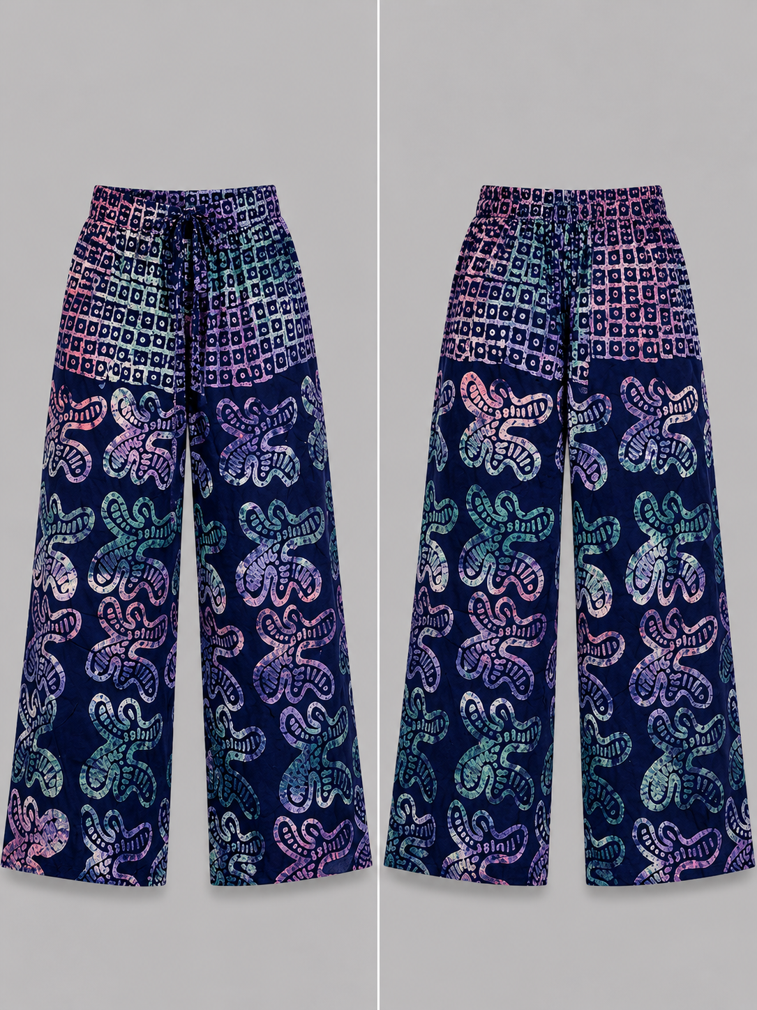 Navy Blue & Pastel Print Palazzo Pants - Handcrafted African Wax Print
