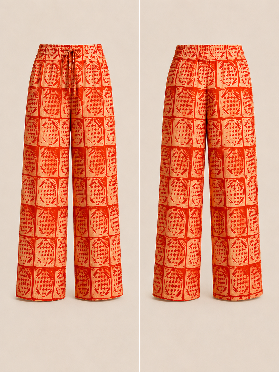 Coral Orange & Cream Wide-Leg Pants – African-inspired print