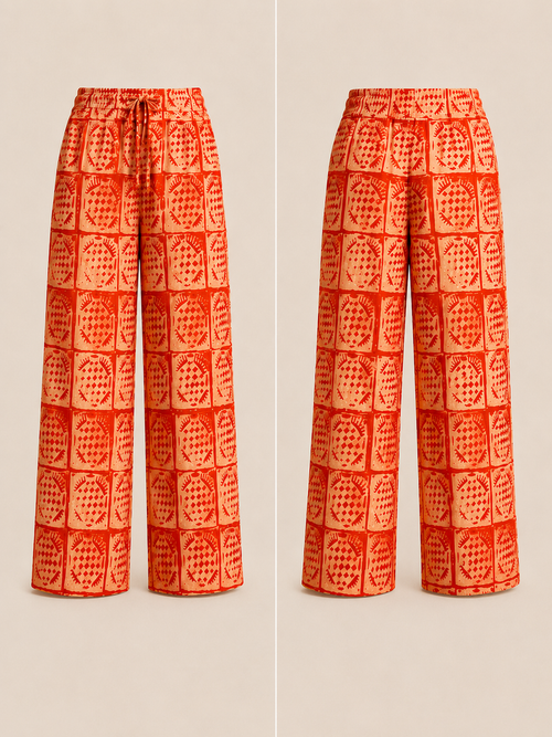 Coral Orange & Cream Wide-Leg Pants – African-inspired print