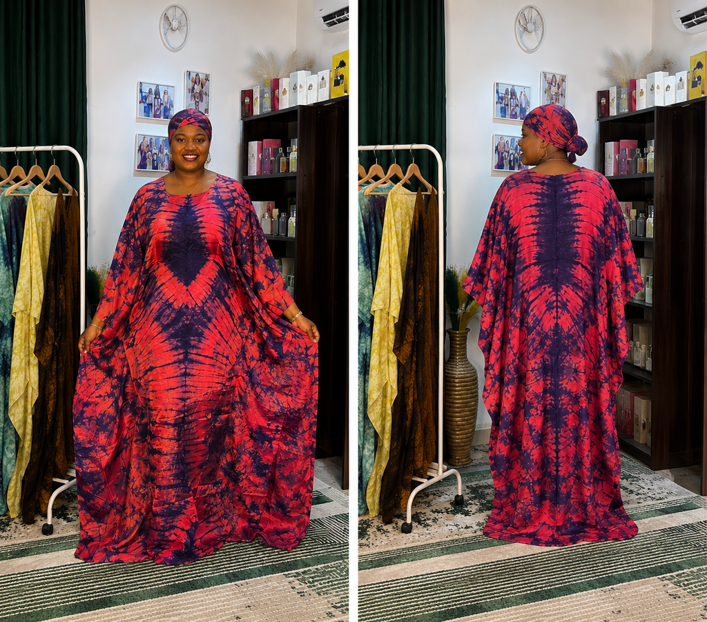 Fuchsia Pink & Indigo Flowing Bubu Gown – African tie-dye inspired print