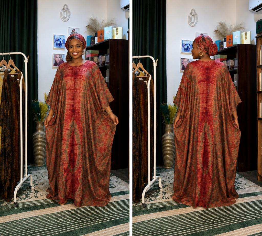 Rust & Bronze Flowing Bubu Gown – African tie-dye inspired print