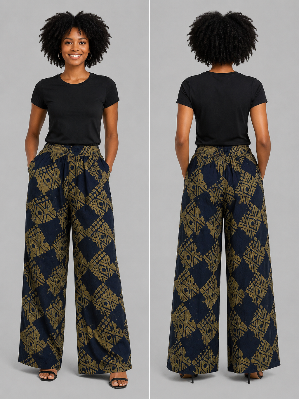 Navy & Olive Wide-Leg Palazzo Pants - Handcrafted African Wax Print