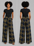 Navy & Olive Wide-Leg Palazzo Pants - Handcrafted African Wax Print