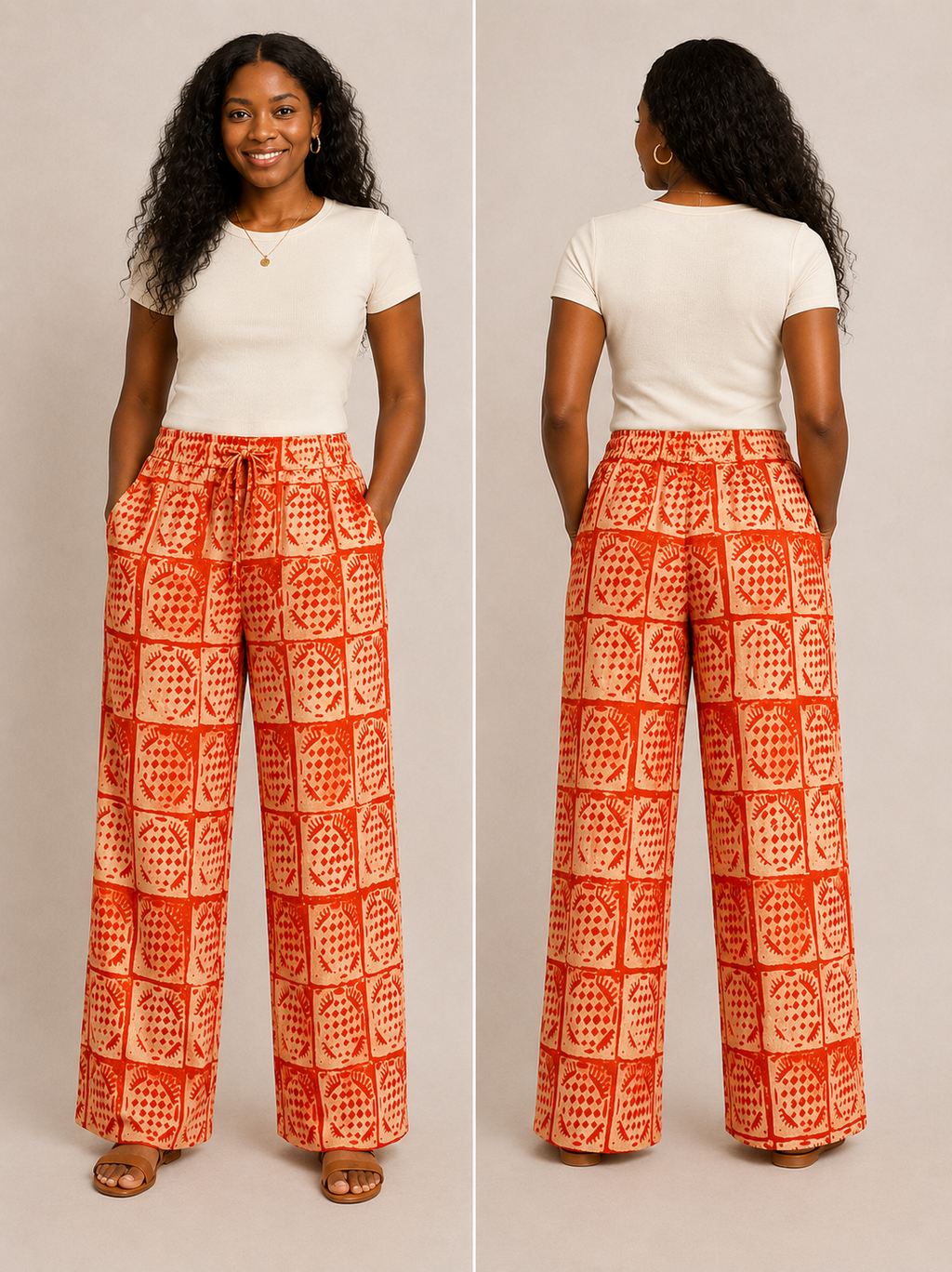 Coral Orange & Cream Wide-Leg Pants – African-inspired print