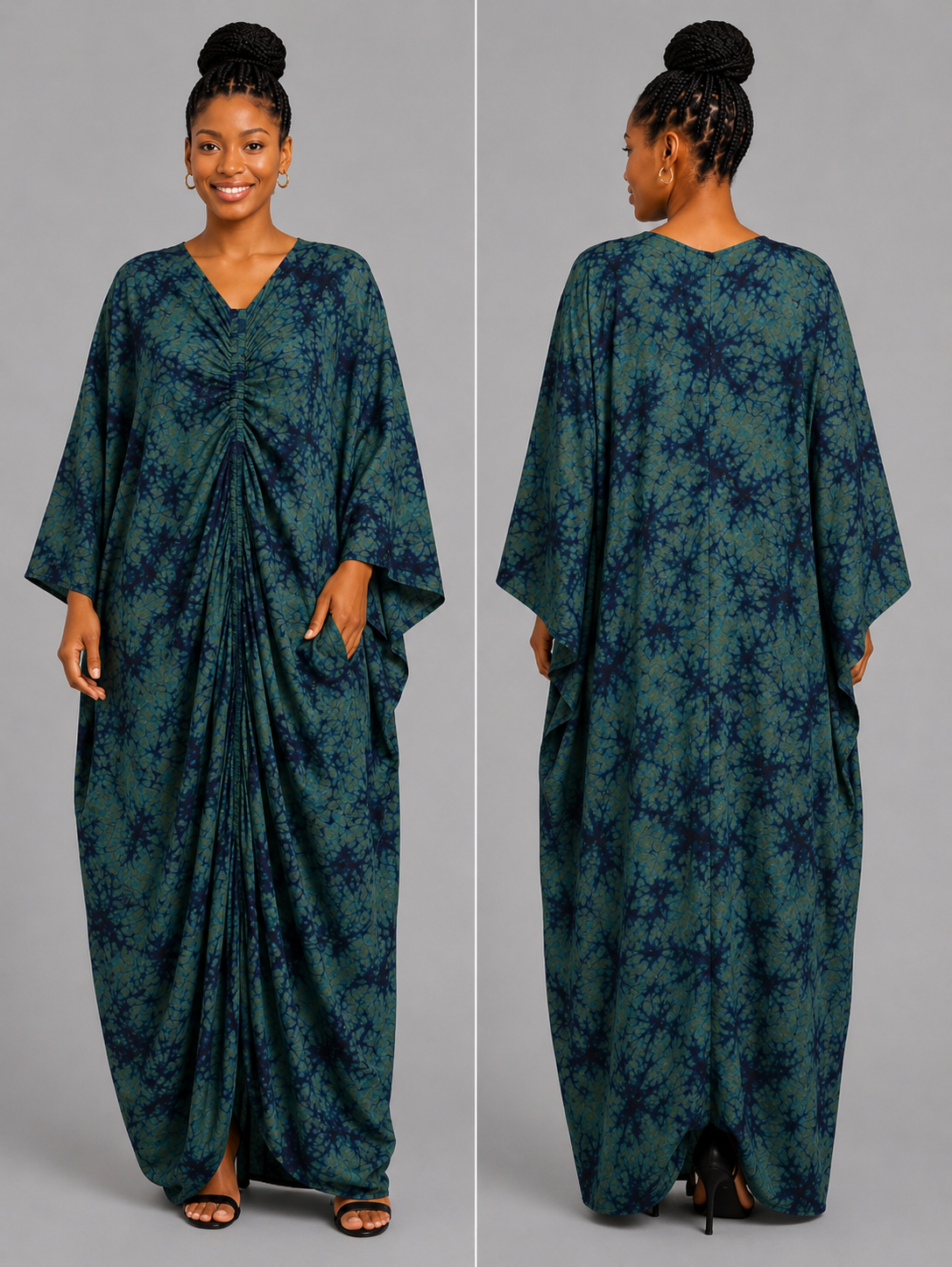 Olive & Navy Draped Bubu Gown – African-inspired print