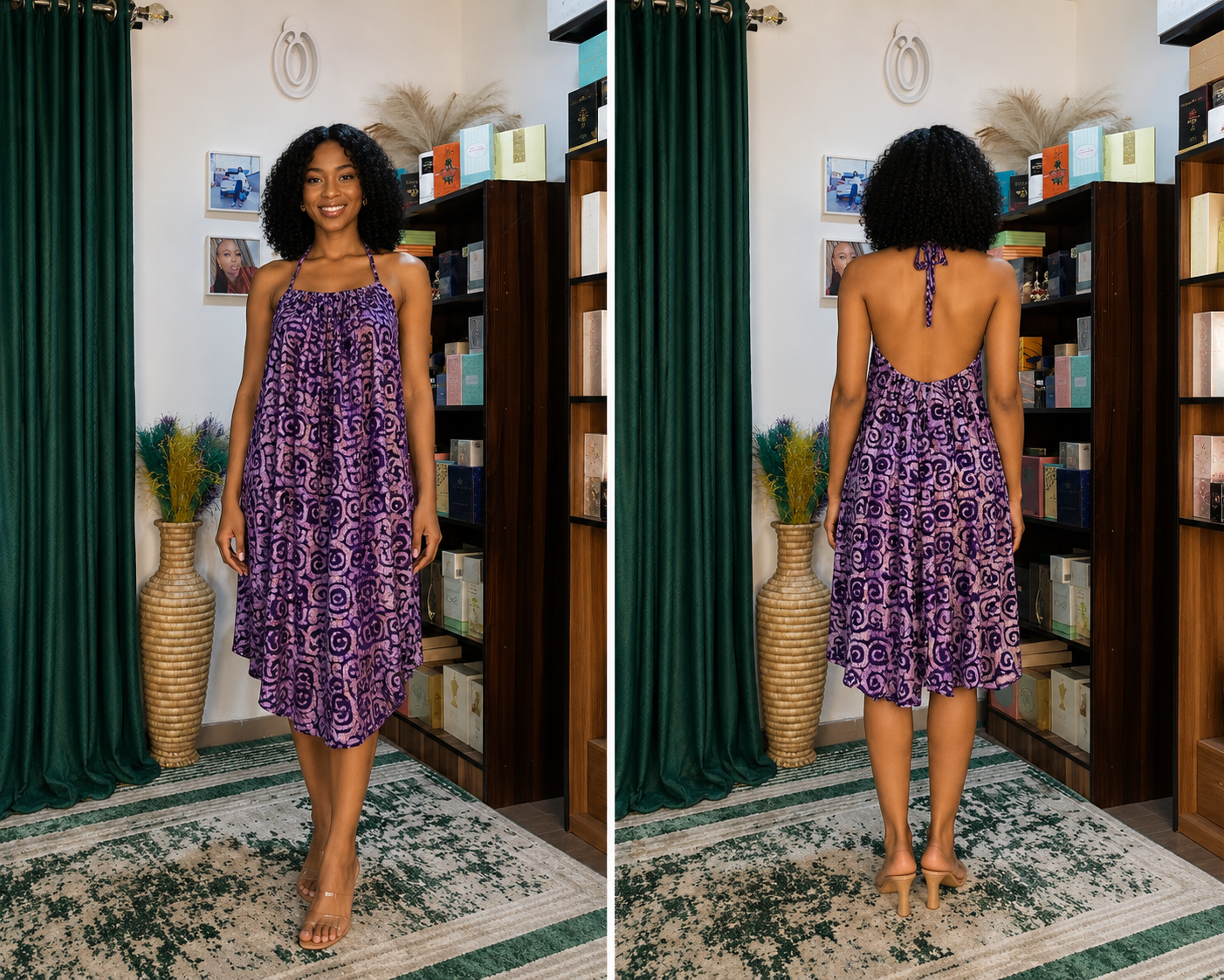 Purple Halter Swing Dress – African abstract-inspired print