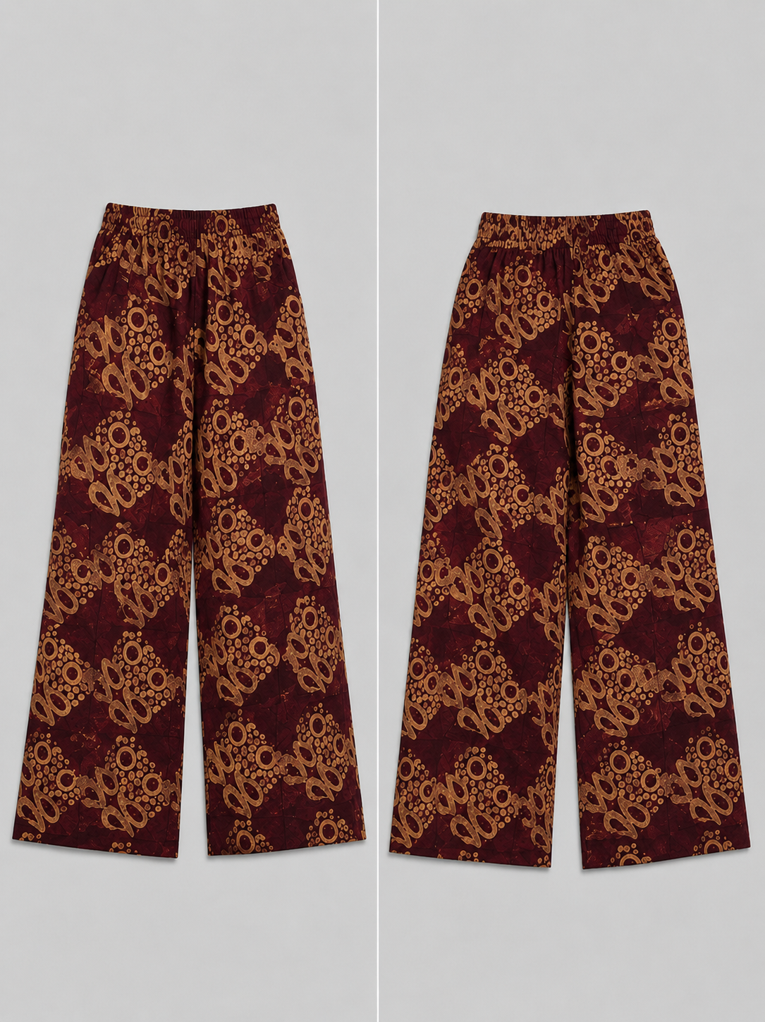 Burgundy & Golden Tan Palazzo Pants - Handcrafted African Wax Print