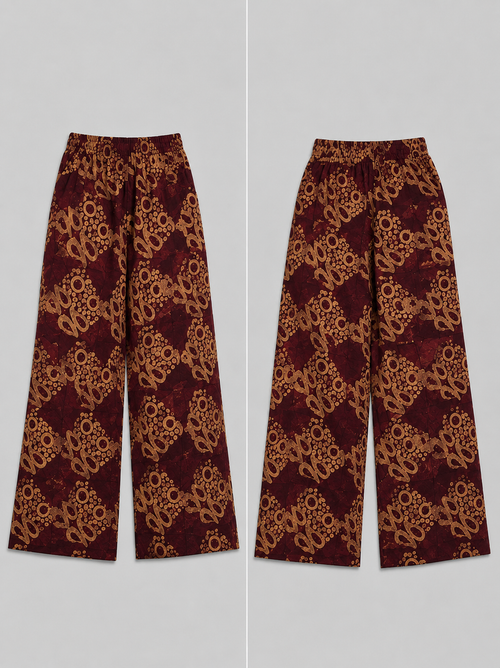 Burgundy & Golden Tan Palazzo Pants - Handcrafted African Wax Print