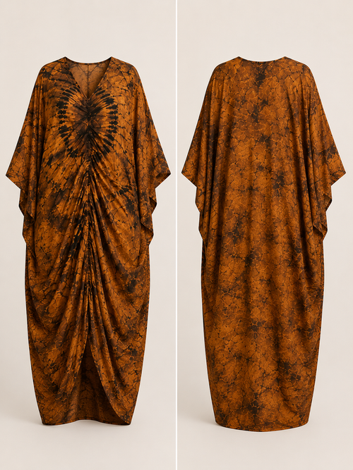 Bronze & Black Draped Bubu Gown – African tie-dye inspired print