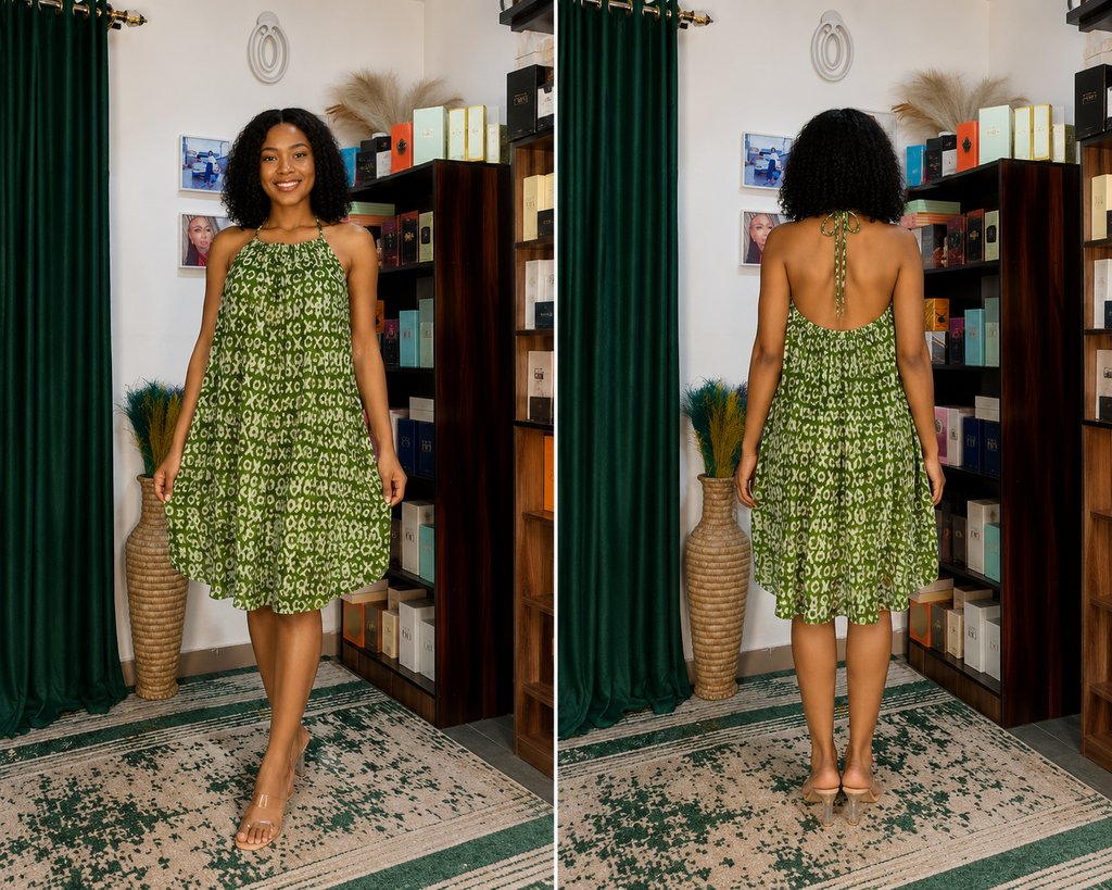 Olive Green Halter Swing Dress – African abstract-inspired print