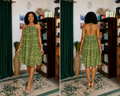 Olive Green Halter Swing Dress – African abstract-inspired print