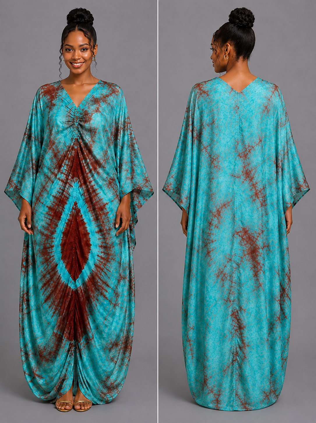 Turquoise & Rust Draped Bubu Gown – African-inspired tie-dye print