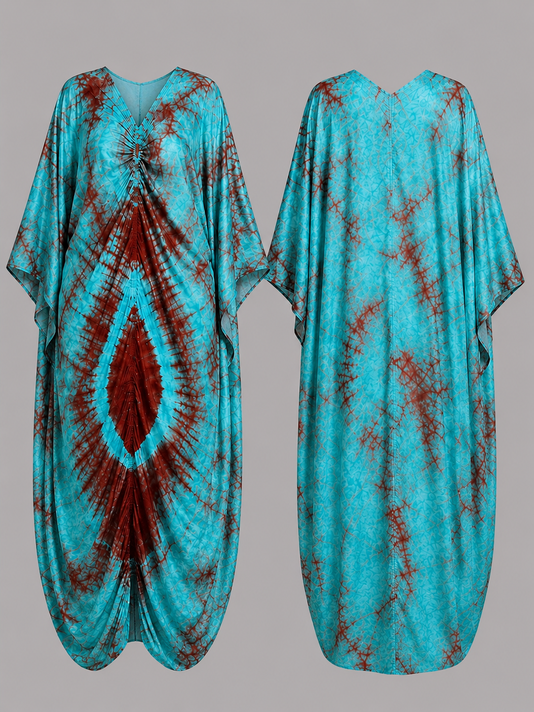 Turquoise & Rust Draped Bubu Gown – African-inspired tie-dye print