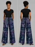 Navy Blue & Pastel Print Palazzo Pants - Handcrafted African Wax Print