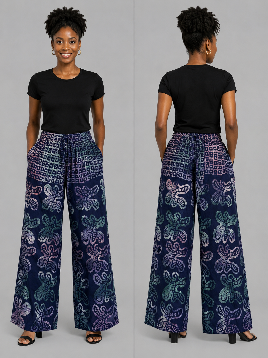 Navy Blue & Pastel Print Palazzo Pants - Handcrafted African Wax Print