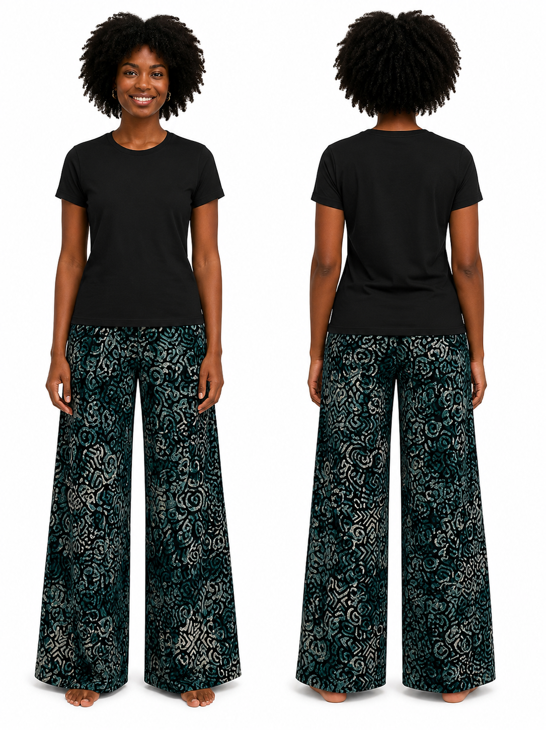 Black & Deep Teal Palazzo Pants - Handcrafted African Wax Print