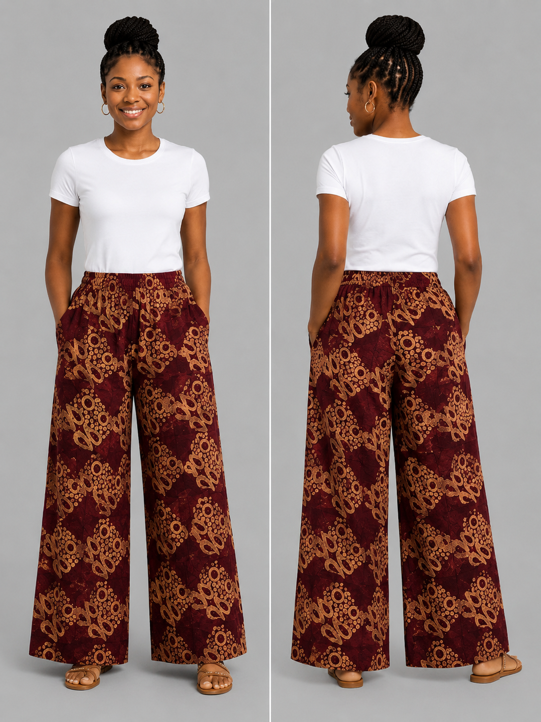 Burgundy & Golden Tan Palazzo Pants - Handcrafted African Wax Print