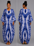 Royal Blue & White Draped Bubu Gown – African-inspired tie-dye print