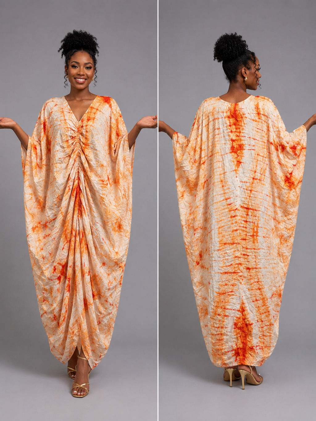 Orange & Ivory Bubu Draped Gown - African-inspired tie-dye print