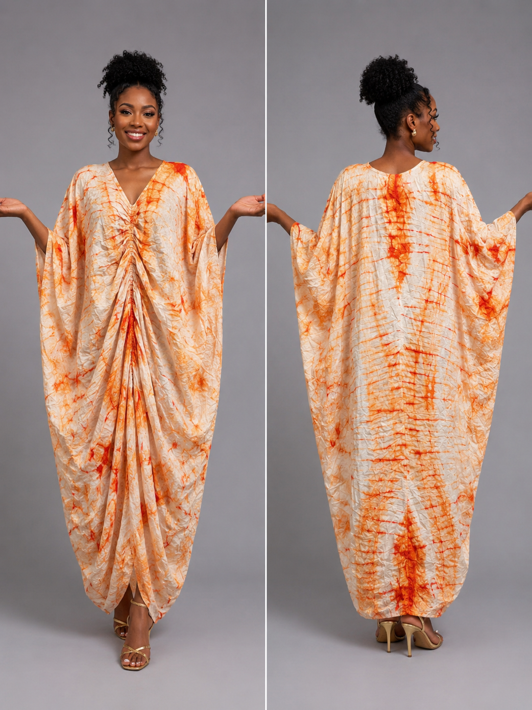 Orange & Ivory Bubu Draped Gown - African-inspired tie-dye print