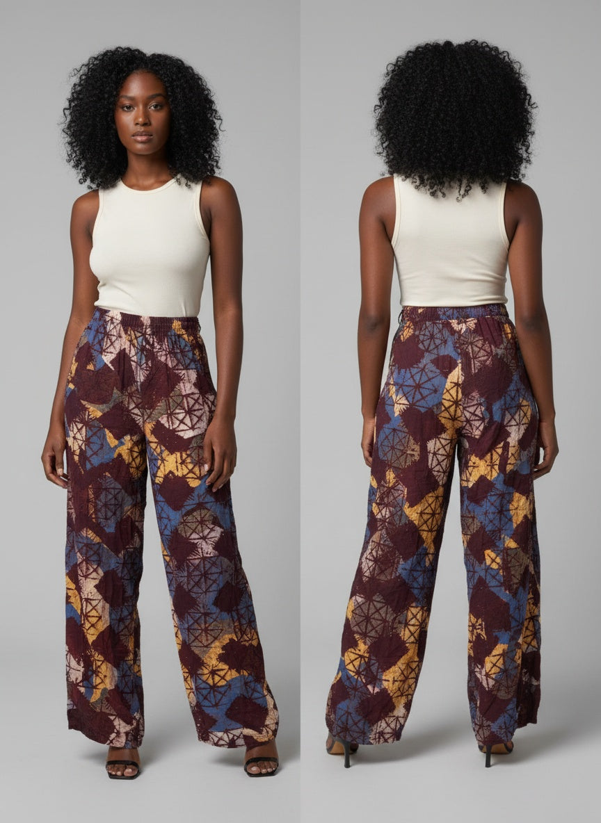 Multicolor Batik Wide-Leg Palazzo Pants - Handcrafted African Wax Print